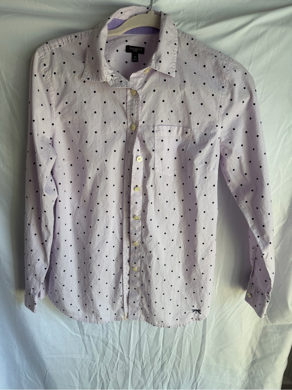 Talbots Button Down Shirt Women Size 10P Purple White Striped Polka Dot